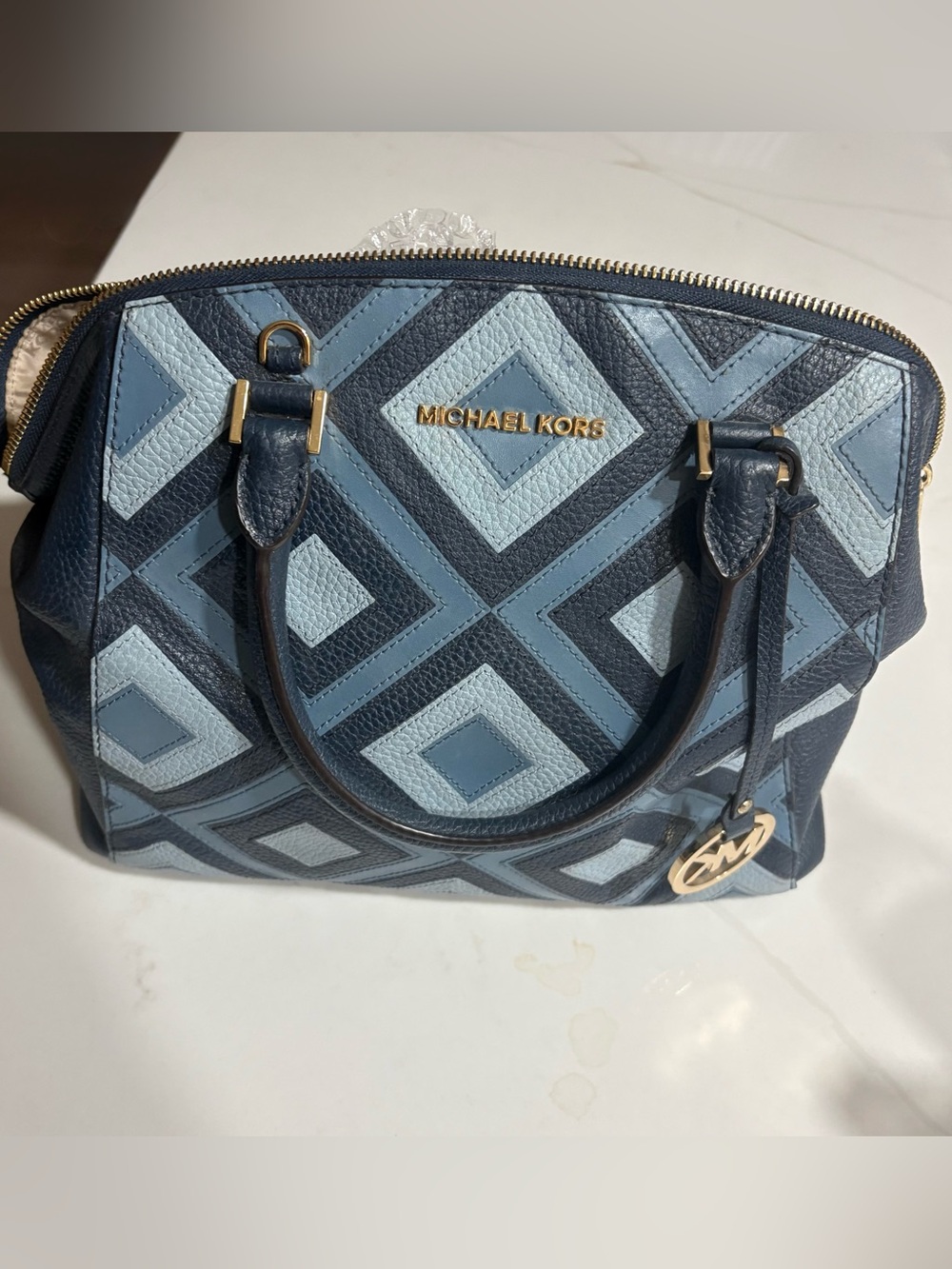 Michael Kors Navy and Light Blue Geometric Leather Satchel